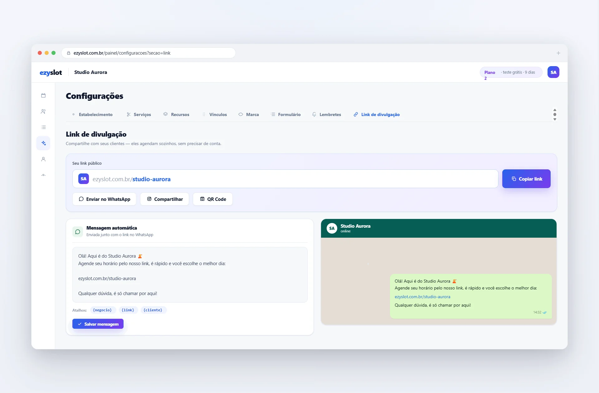Configurações: link de divulgação com botão copiar e mensagem automática de WhatsApp